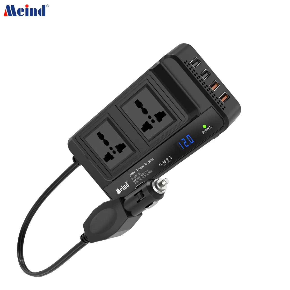 Meind 200W Car Power Inverter with Dual Universal Sockets&USB QC3.0 DC12V to AC220V Power Inverter for Car