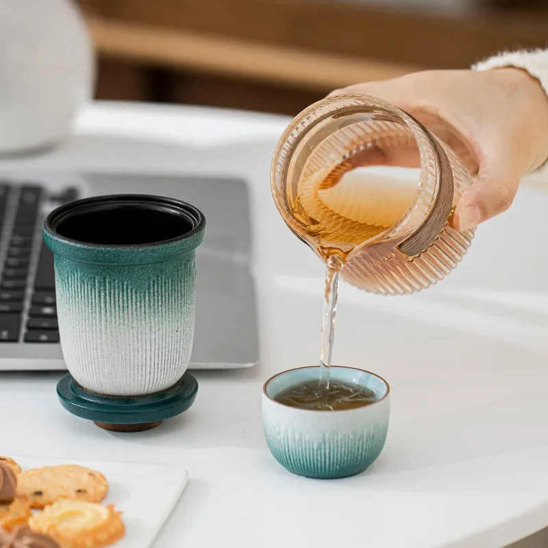 Ceramic Colorful Teapot Chinese Teaware Bluestone Glaze Portable Storage Travel Tea Set Outdoor Portable Simple Glass Tea Cup