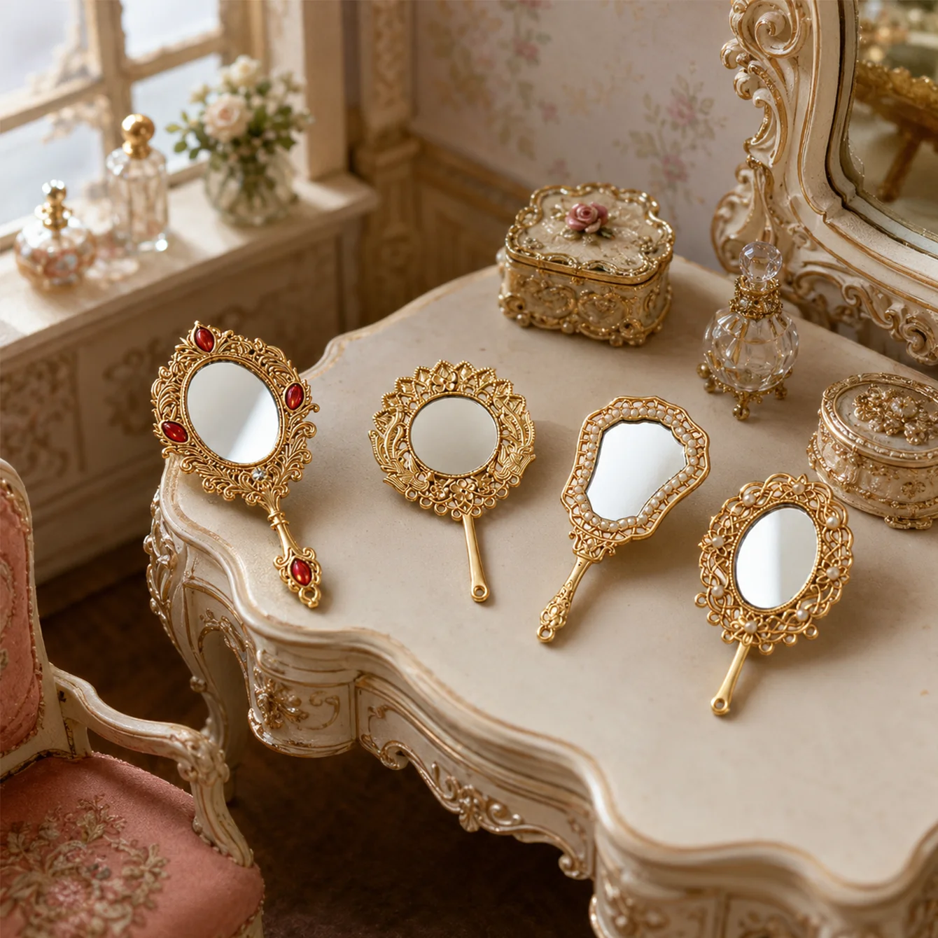 Miniature Vintage Handheld Mirror with Antique Gold Floral Design, a Decorative Piece for Dollhouse Vanity Scenes