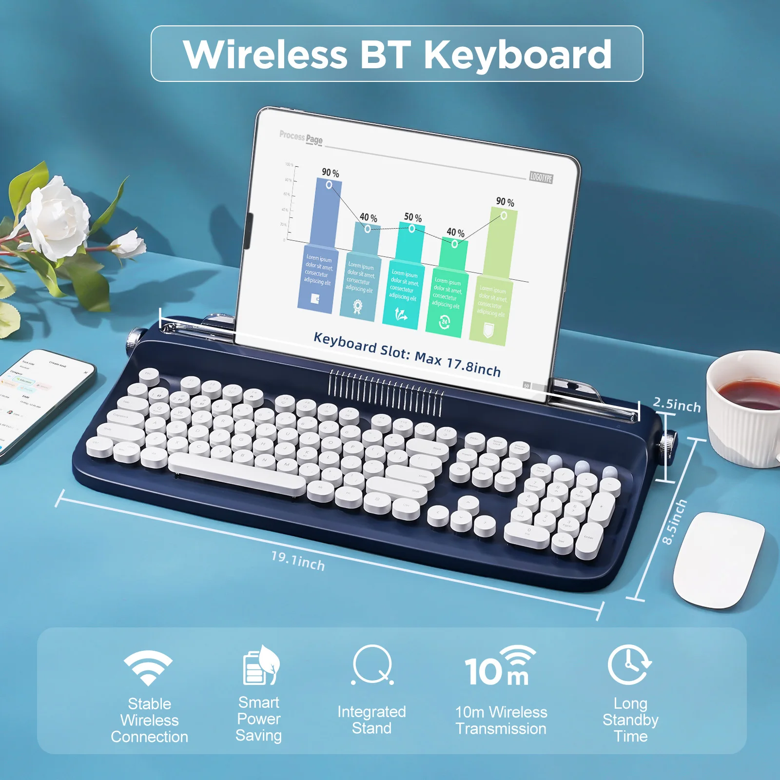 YUNZII B503 Typewriter Wireless Keyboard, Retro Aesthetic Bluetooth Keyboard,Full-Size, Integrated Stand,Compatible with Win&Mac