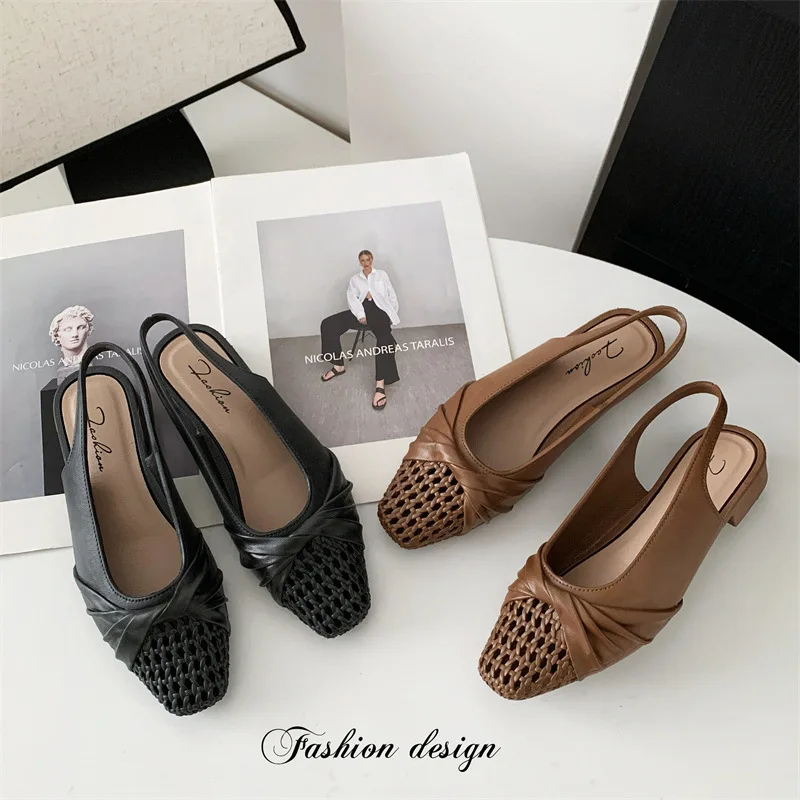 New fashionable hollow sandals for casual summer wear, solid color women's shoes, square toe women's low order shoes