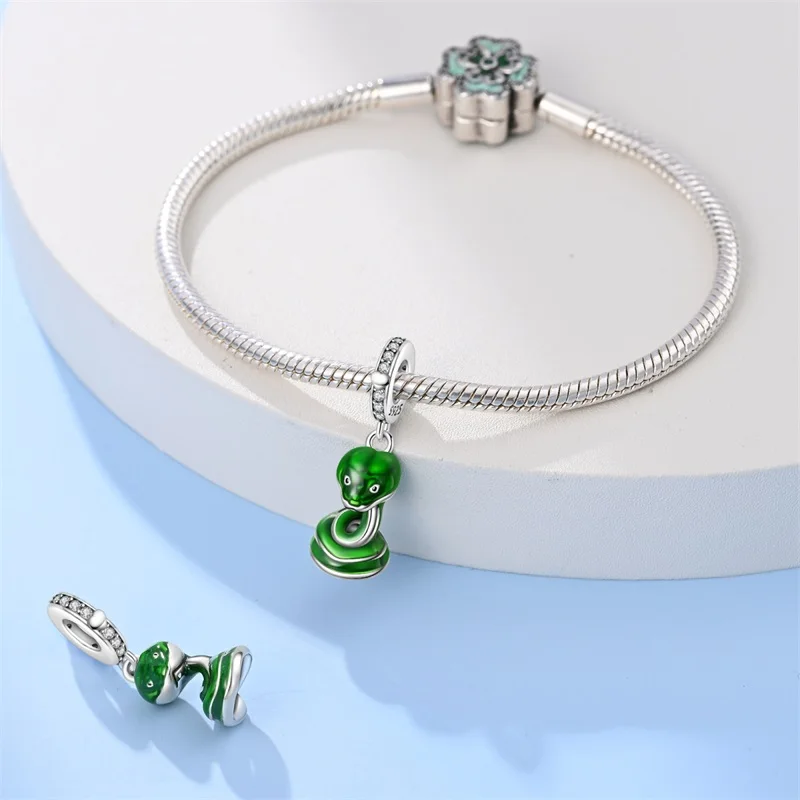 925 Sterling Silver Fashion Spirit Snake Fire Snake Small Green Snake Charms Beads For Brand Original Bracelet DIY Jewelry Gift