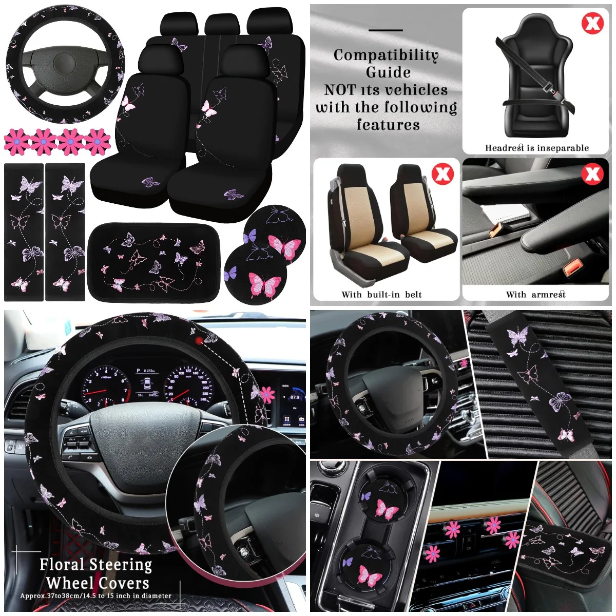 

19-Piece Christmas Car Accessories Set for Women: Seat Covers, Steering Wheel Cover, Air Vent Clips, Cup Mats, Console Pad, Seat