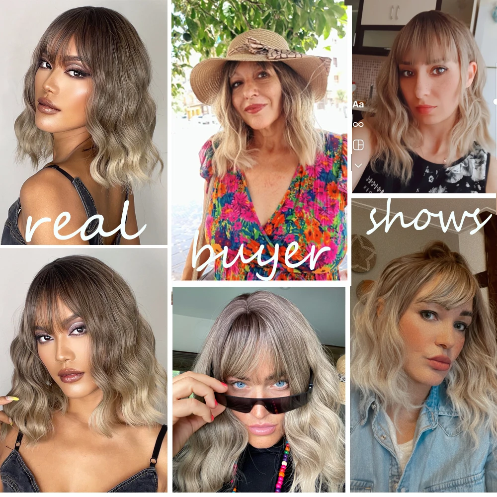 Damskie szare faliste peruki Bob z grzywką Krótka blond peruka syntetyczna Ombre z naturalnymi włosami z ciemnymi korzeniami do codziennego użytku — zdjęcie 3