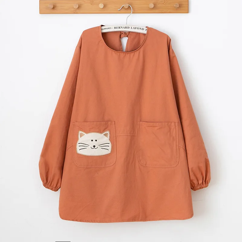 Coffee Shop Household Anti Fouling Cartoon Patterned Long Sleeved Pure Cotton Apron Smock for Painting