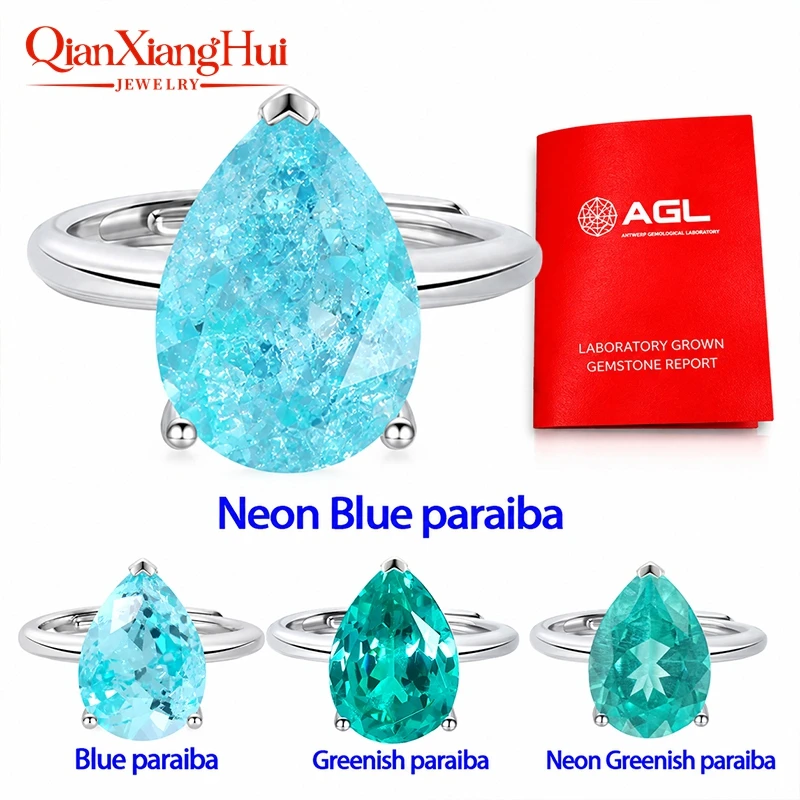 Lab Grown YAG Paraiba Color Ring 10*14mm Heart Shape Neon Blue Greenish Gemstone S925 Silver Adjustable Open Ring jewelry Women