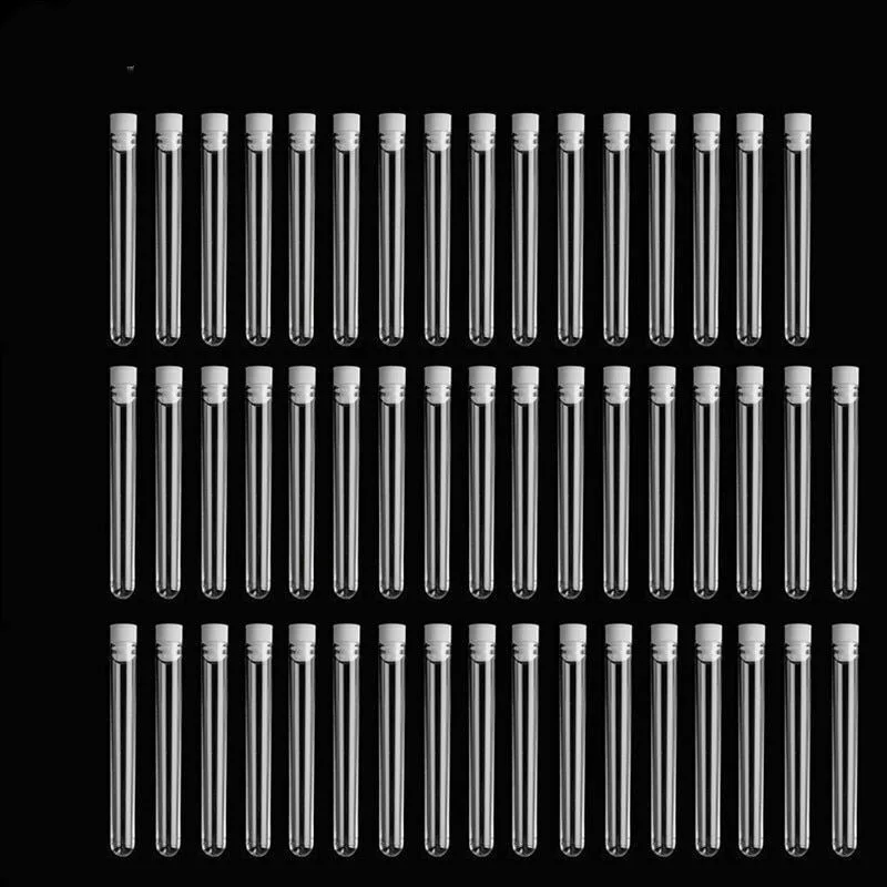 50 قطعة/الحزمة 12x100 مللي متر مختبر شفاف واضح البلاستيك أنابيب الاختبار قوارير مع غطاء دفع مختبر مدرسي لوازم #4