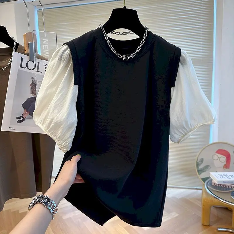 Oversized T Shirts Women Fashion Puff Sleeve Patchwork T-shirt Casual Loose Short Sleeve Tops Summer Trend Thin Tshirt Y2k Top