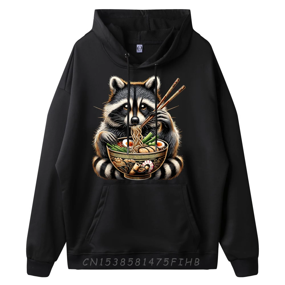 Raccoon Eating Japanese Noodles Kawaii Ramen Bowl Raccoon Graphic Sweatshirts Men Halloween Thanksgiving