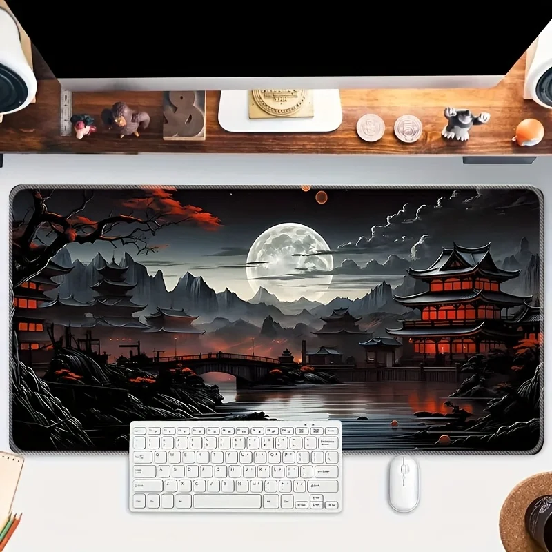 Japanese Pagoda Full Moon XL Gaming Desk Mat Large Non-Slip Rubber Base Workstation Pad for PC Laptop Office