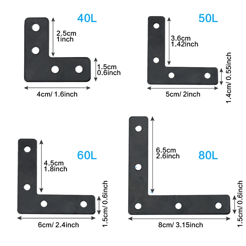 10pcs, L Flat Brackets,Corner Bracket Black Corner Brace Mending Plate Repair 40/50/60/80mm(1.6/ 2/ 2.4/3.2 inch)