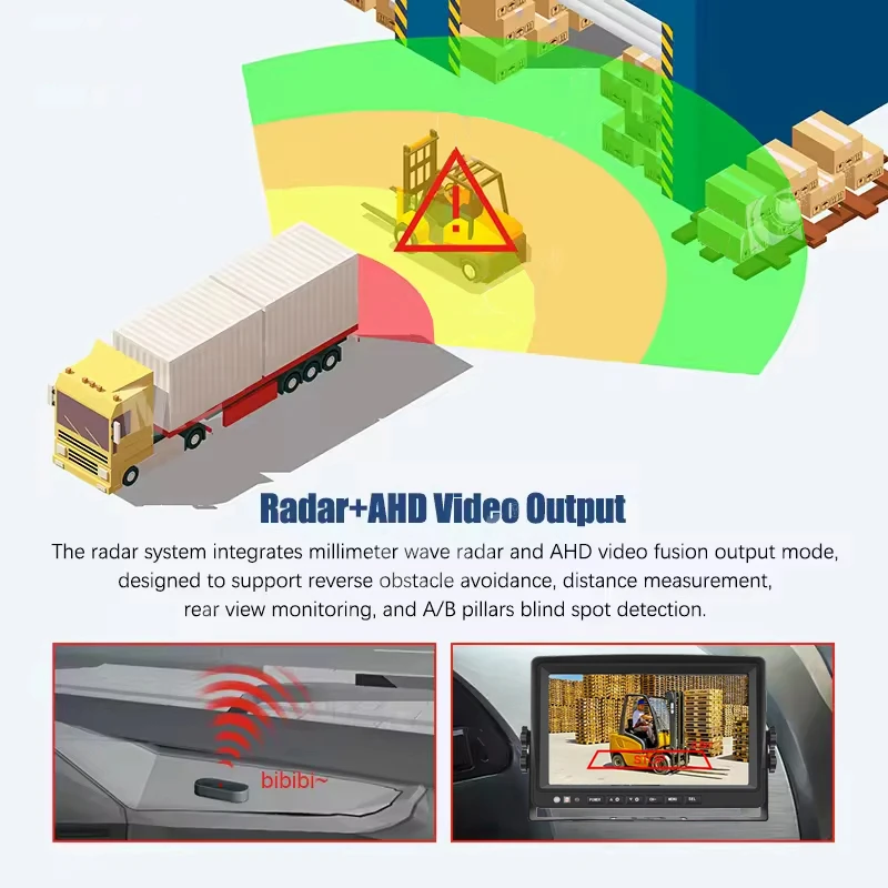Sistema di telecamere di backup da 24 GHz per camion Cicalino anticollisione Allarme Veicolo commerciale Rilevamento punti ciechi Parcheggio Sicurezza inverso