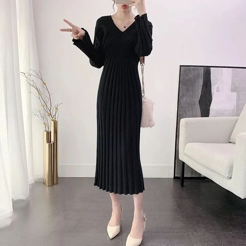 Biyaby Long Loose Knit Dresses for Women 2023 Autumn Winter V-Neck Sweater Dress Female Korean Style Popular Waist Primer Dress