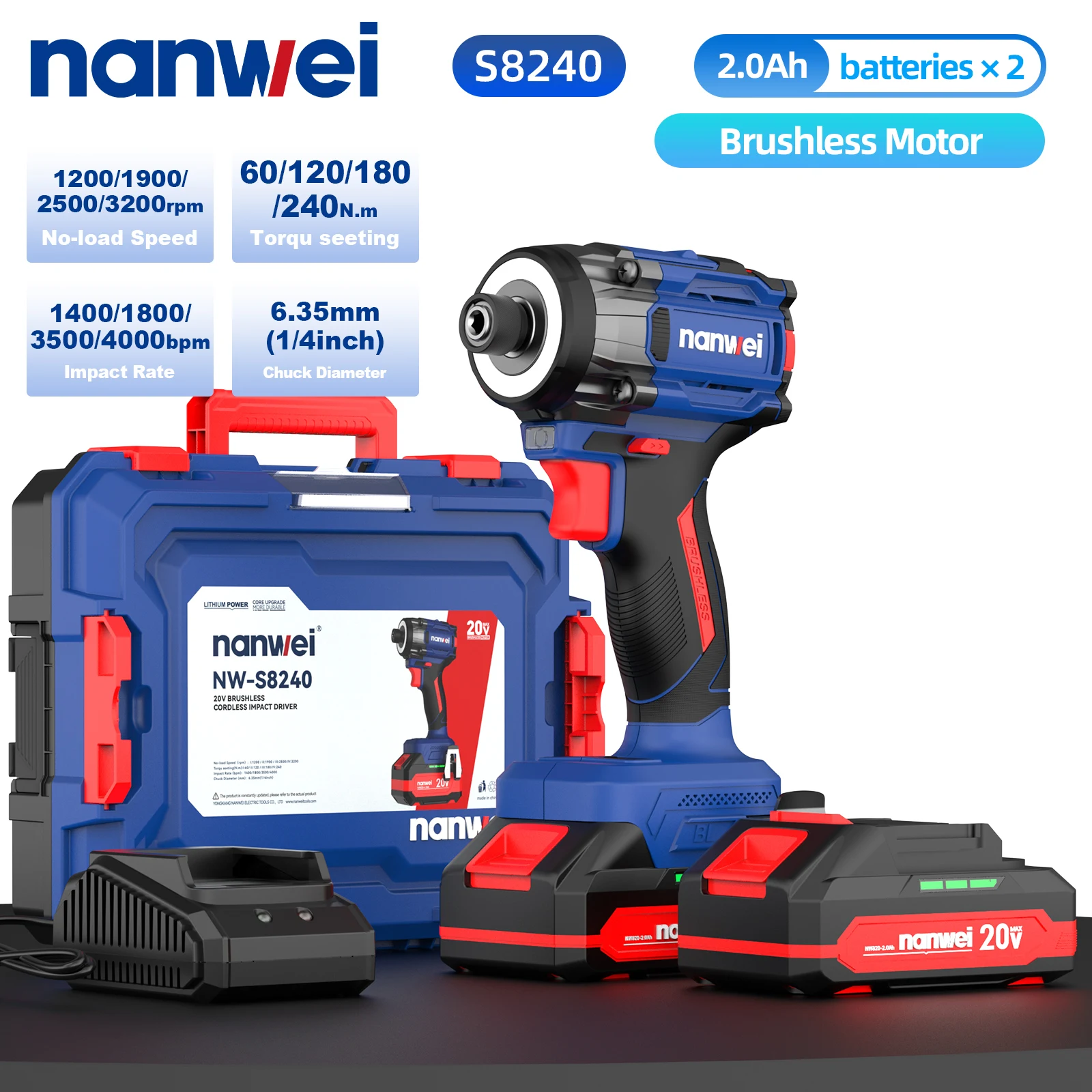 NANWEI 20V Brushless Driver 240NM Household Electric Cordless Screwdriver