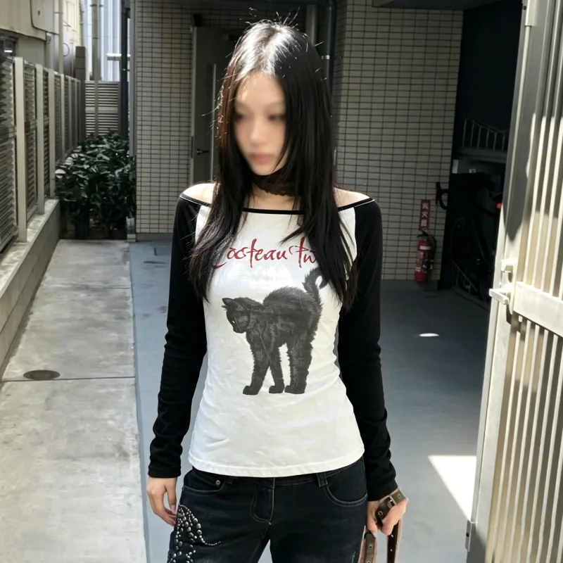 European and American cross border Women Retro Cat Print Long Sleeve T Shirt Spicy Girl Slim Fit Base Layer Top