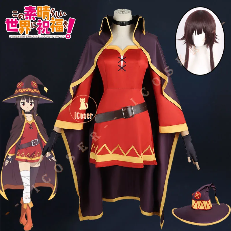 Disfraz de Cosplay de Megumin de KonoSuba, Peluca, Disfraz de Bruja Clásica, Uniforme, Capa, Sombrero, Antifaz, Medias, para Fiesta de Halloween, Mujer