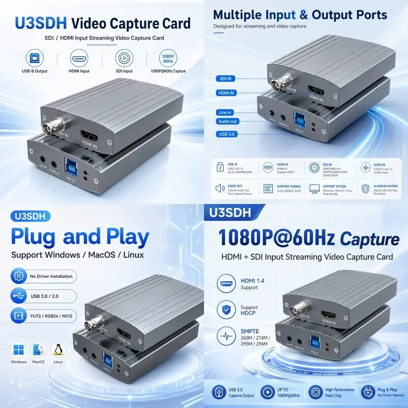 AP01 for SDI 1080P60 Capture Card USB3.0 Driver Free 3.5mm Line In Out for Broadcast Live Streaming Video Grabber