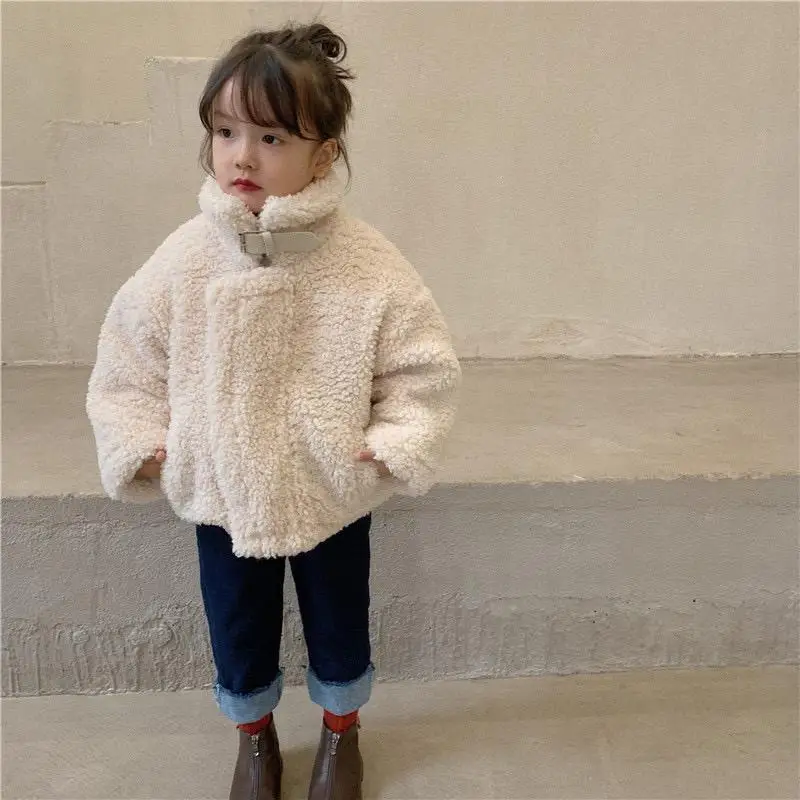 

Girl Boy Loose Coat Autumn Winter 2024 New Solid Lamb Wool Thickening Add Velvet High Collar Tops Casual Simple Fashion Sweet