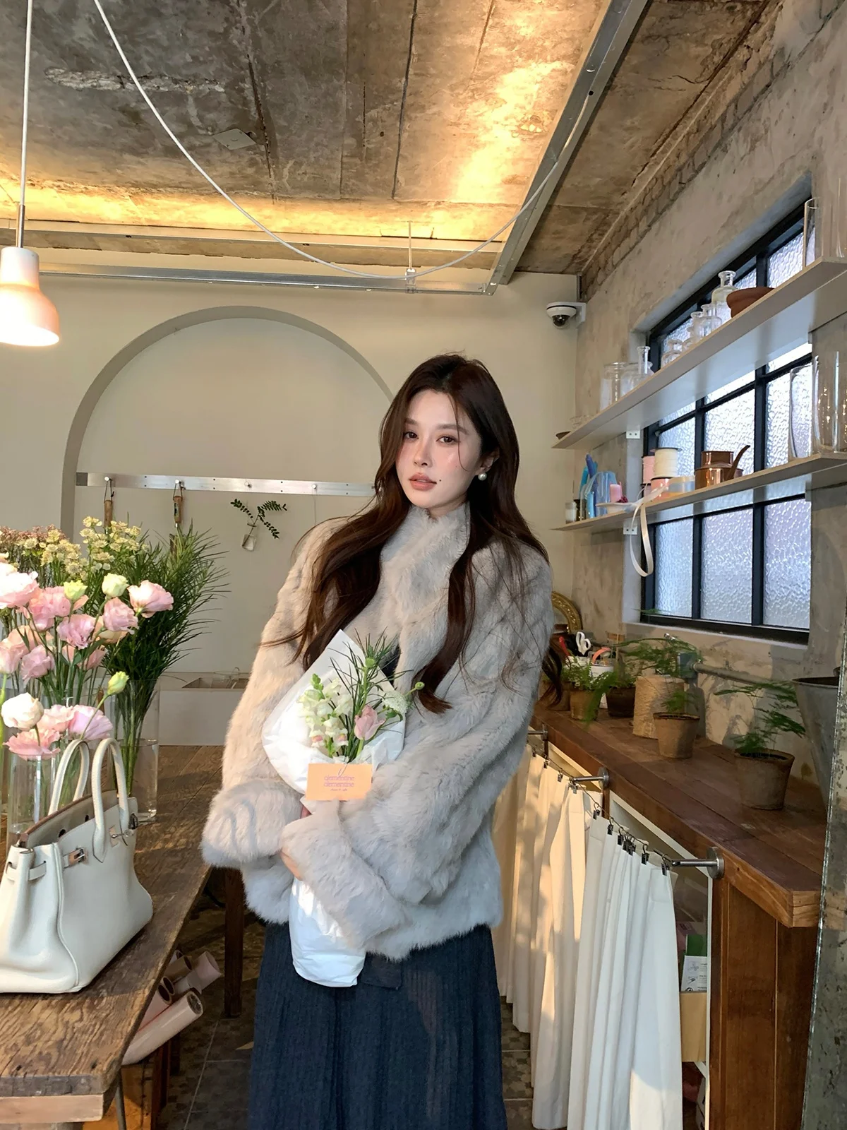 

Florr Playa Real Rabbit Fur Coat Women's Winter Warm Stand Collar Furry Outerwear Ice Blue Snow Color Ele Long Sve