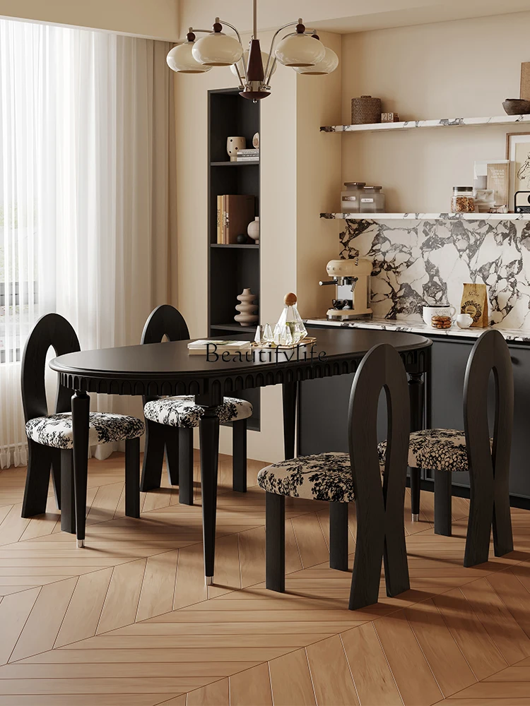 

French retro black all-solid wood dining table modern simple small apartment dining table