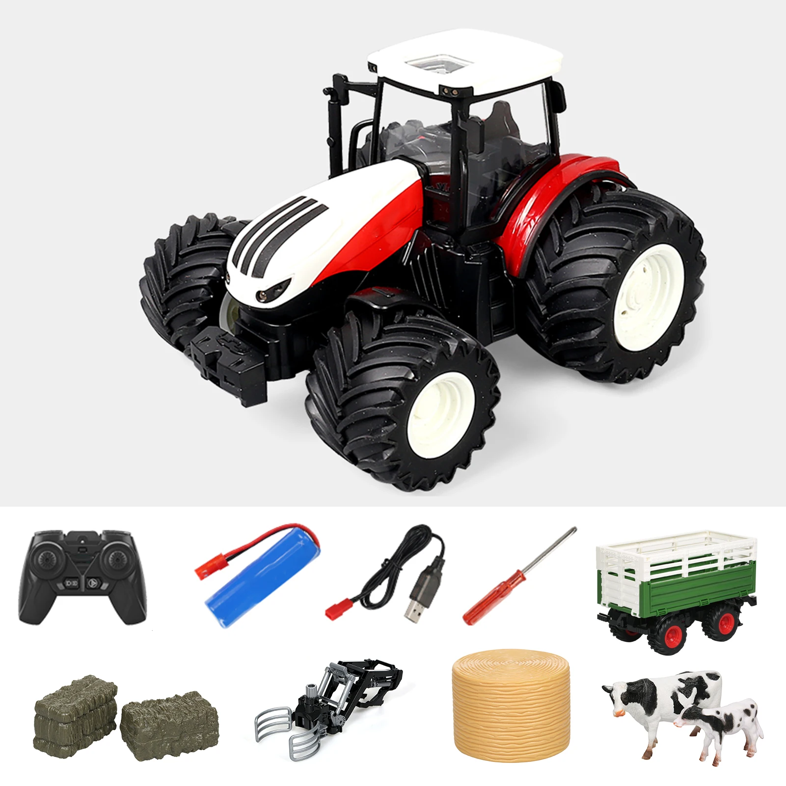 Remote Control Tractor, 1 : 24 Scale 2.4Ghz Remote Control Tractor Toy with Trailer Gripper Hay Bales Screwdriver Cows