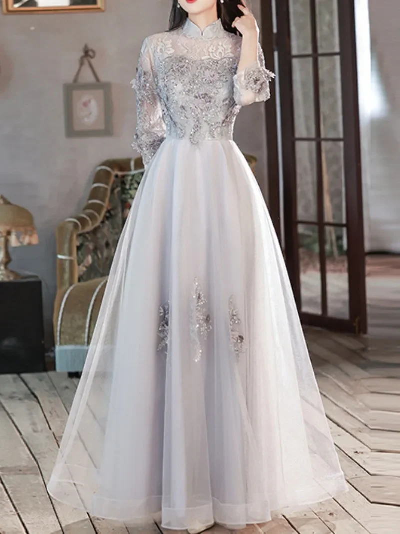 Customized Vintage High Neck Chinese Style Evening Dresses For Wedding Luxury Appliques FlooR-Length Champagne Engagement Dresse