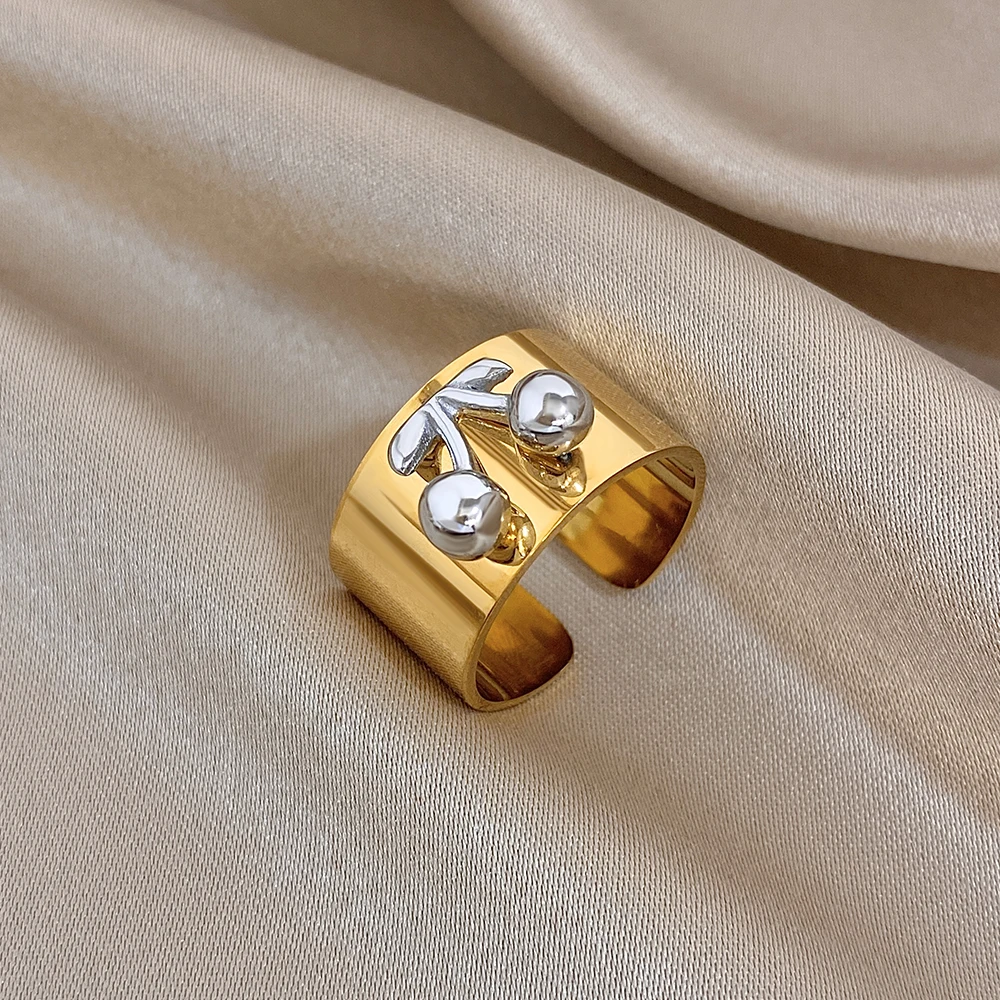 Greatera Two Tone Three-dimensional Cherry Open Ring European American Stainless Steel Colorfast Design Metal Finger Jewelry INS