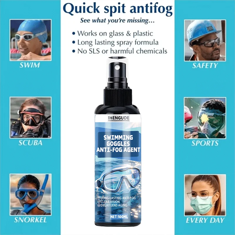 100ML Goggles Anti-Fog Spray - Long Lasting Clarity, Fog Prevention for Swimming, Diving - Safe for Contacts, Athletes