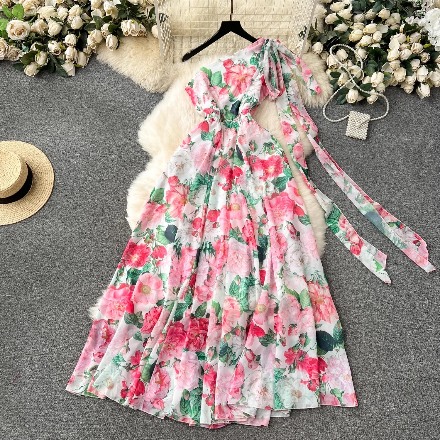 

Clothland Women Sweet Floral Chiffon Dress Inclined Shoulder Bow Tie Sleeveless One Piece Cute Dresses Vestido Maxi QD389