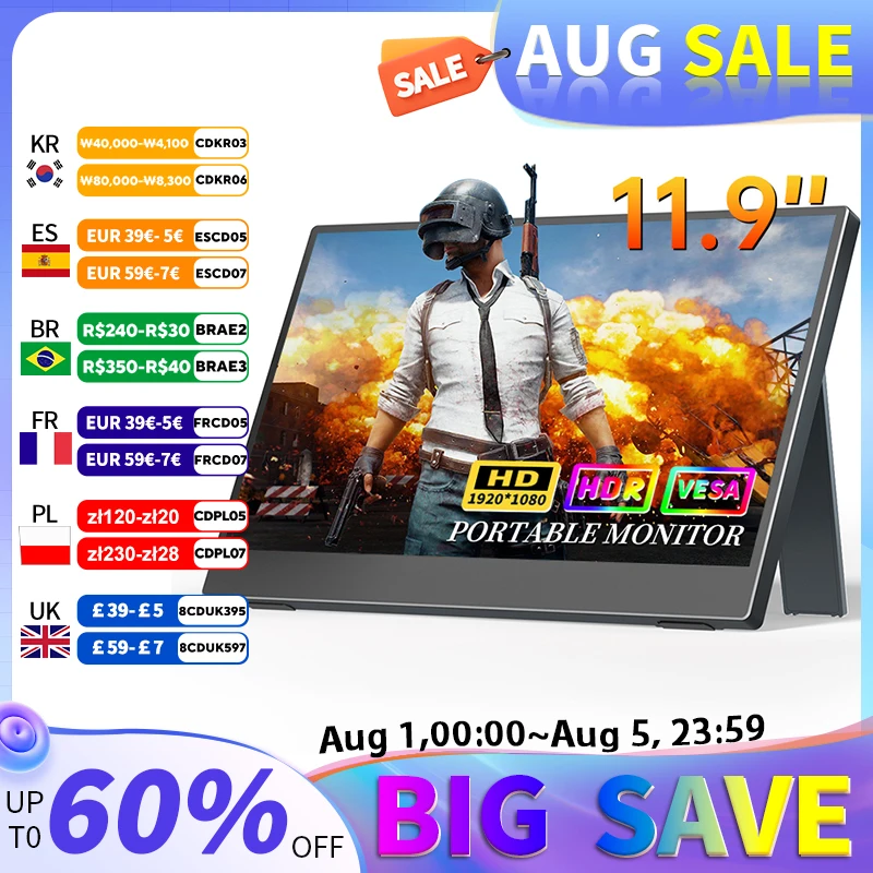 

Portable Monitor 11.9 inch 1080P 250cd/m² Small HDMI Monitor with Dual USB C HDMI External Display for Laptop PC PS4 5 Xbox