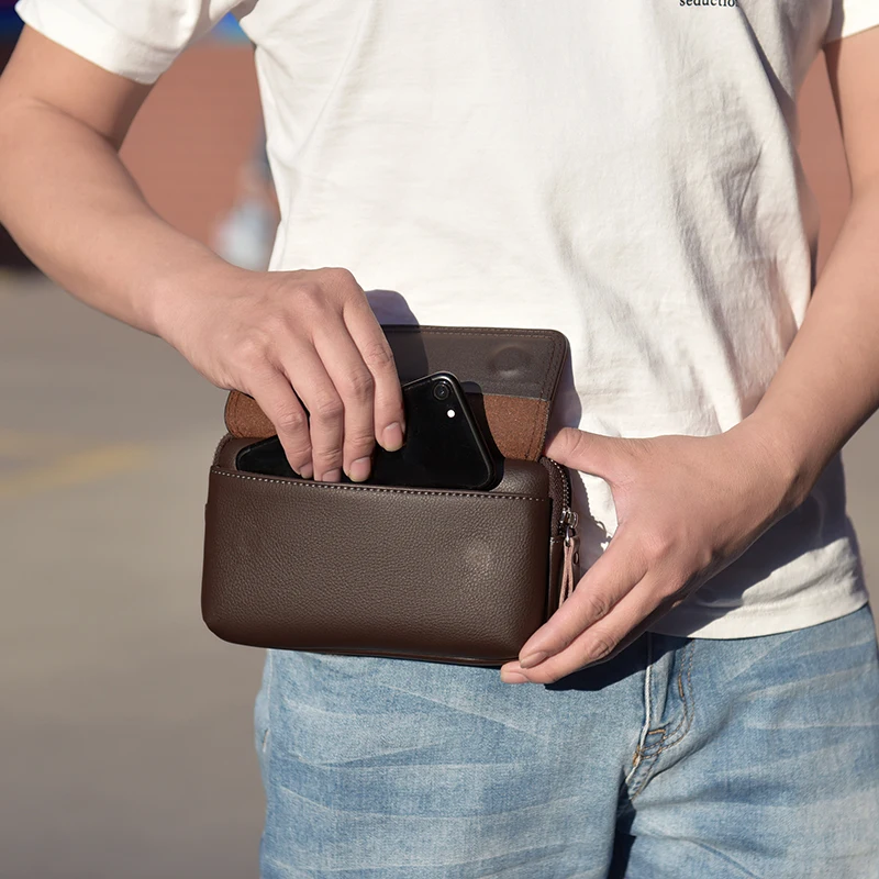 

Hardware Clasp Waist Bags Men First Layer Hang Bag Cowhide Wallets through the belt Zipper Retro Phone Purse сумка 가방