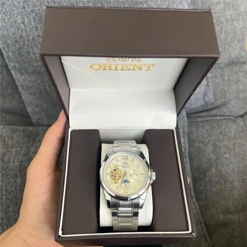 オリエント 高級メンズ腕時計、機械式時計、ナイトライト日付、レザーミリタリースポーツウォッチ、メンズ腕時計