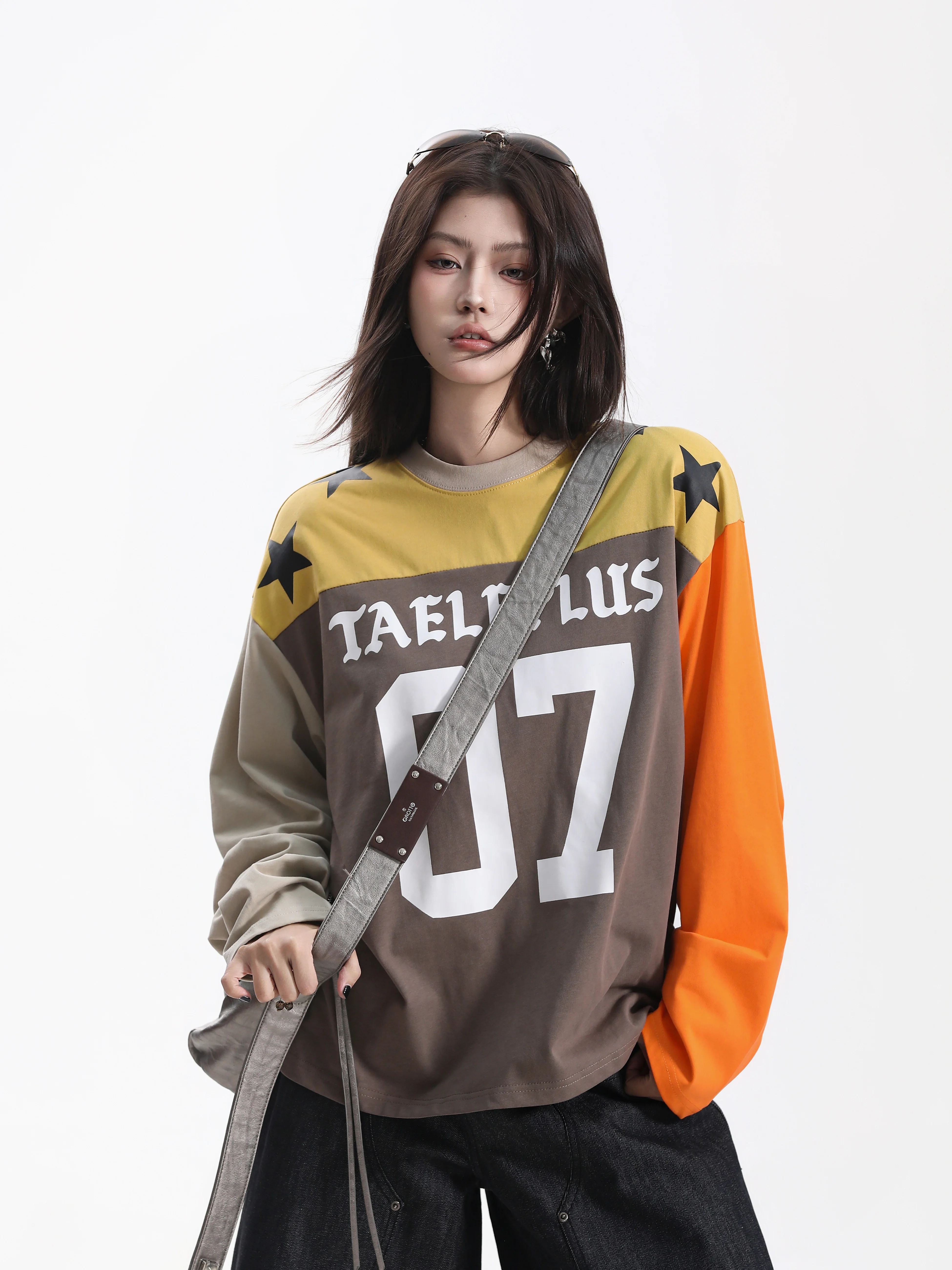 Long Sleeve Digital Print T-Shirt Women's Loose Couple Sport Style Camouflage Printed Ball Ball American Color Block Top