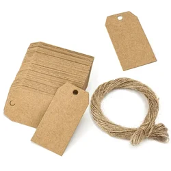 100 Pcs Kraft Paper Tags Brown Cardboard Cards With Strings Wedding Birthday Christmas Party Gifts Tag Cookie Packaging Supplies