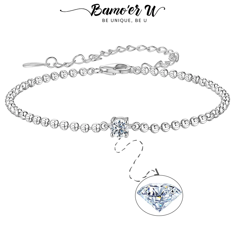 

Bamoer U Sparkling Moissanite Beads Chain Bracelet, 0.3CT Round Cut Lab Diamond Charm Bracelet for Women Certificated Jewelry