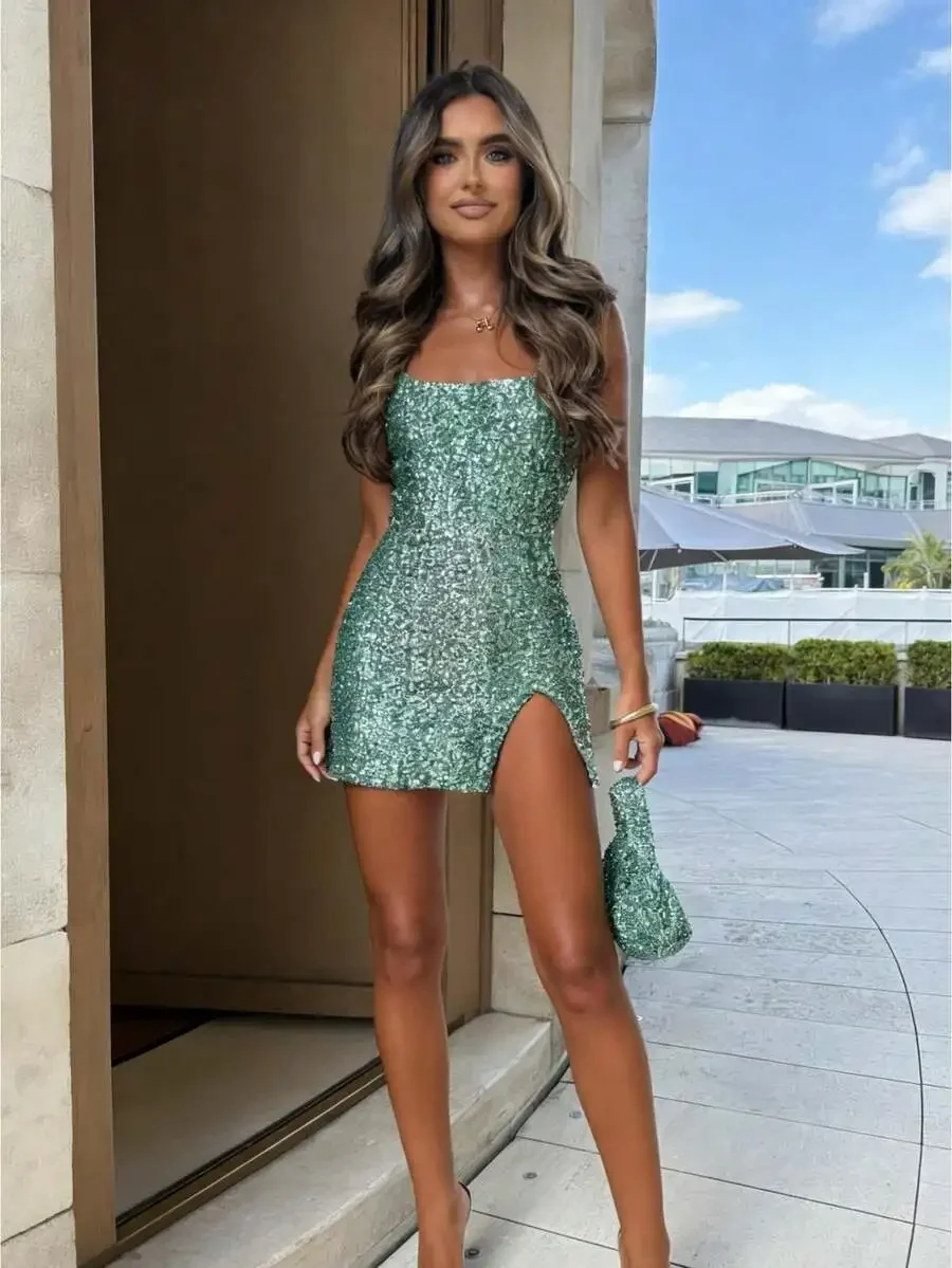

Women Sequin Square Neck Sleeveless Side Slit Bodycon Mini Dress For Party Club