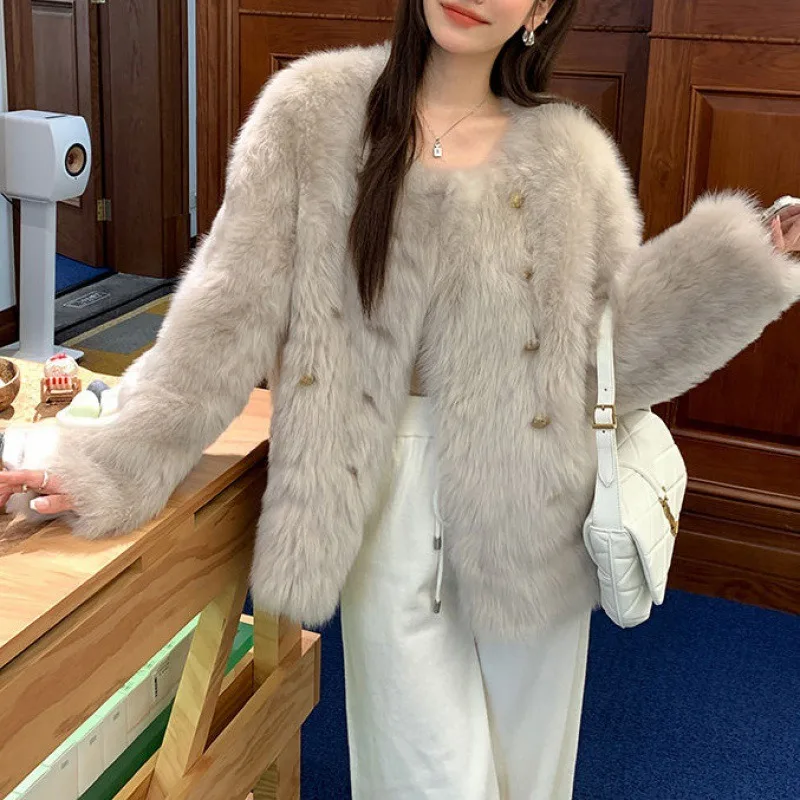 2023 The New Temperament Fur Coat Women Double-breasted Round Neck with Fox Fur in Winter Is Thickened and Versatile jacket