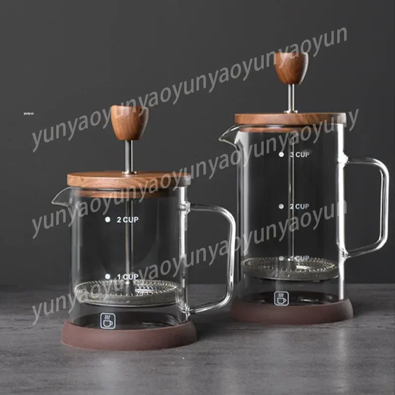 Coffee Pot French Presses Brewing Pot Tea Brewer High Borosilicate Glass Pot Walnut Lid Household Coffeeware