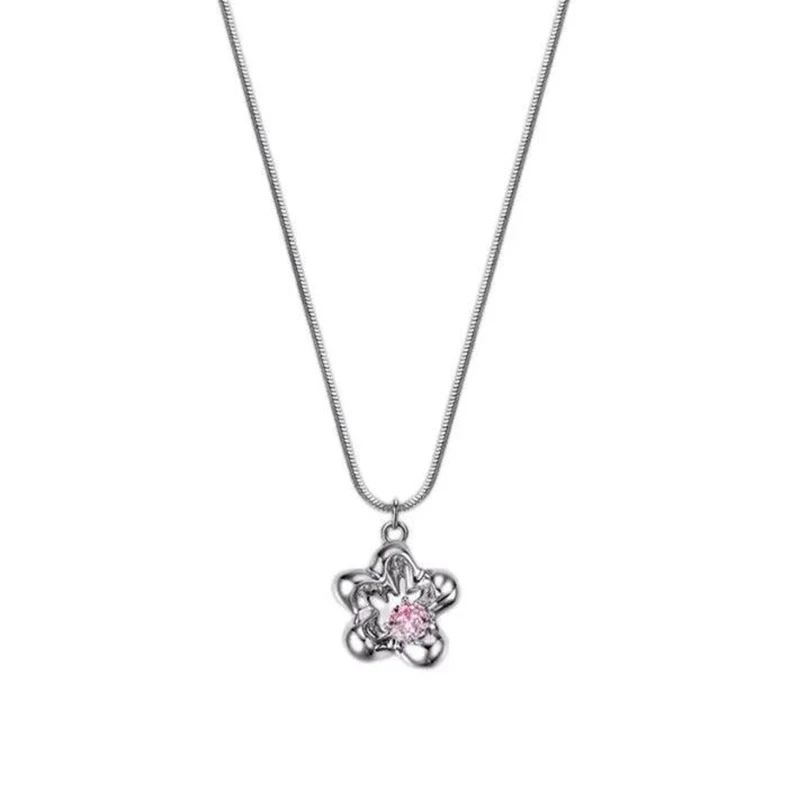 Pink Zirconia Hollowed Out Star Necklace Female Sweet Cool Niche Personalised Simple High-Level Feeling Collarbone Chain