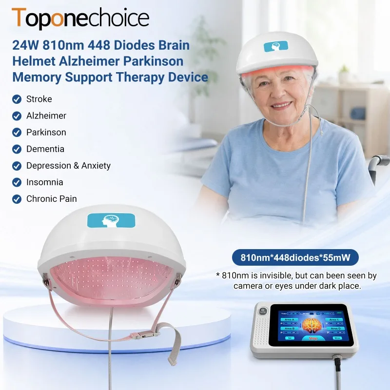Toponechoice Infrared Therapy Photobiomodulation Helmet TDCS Brain Stimulation 810nm 448 LEDs 4-Zone for Alzheimers Parkinsons