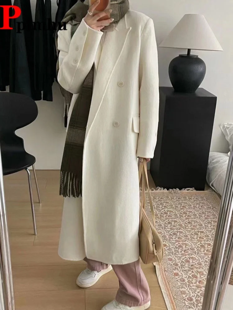 

Двубортное шерстяное пальто с воротником костюма, женское повседневное толстое корейское модное пальто Casaco средней длины, мешковатое офисное пальто с длинными рукавами Abrigos