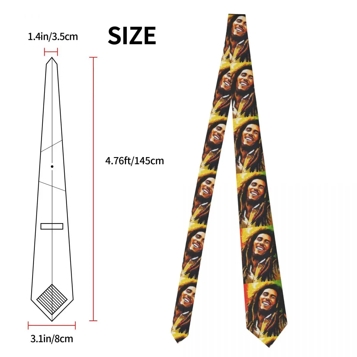 Custom Jamaica Reggae Rock Bob Marley Neck Tie for Men Fashion Silk Party Necktie