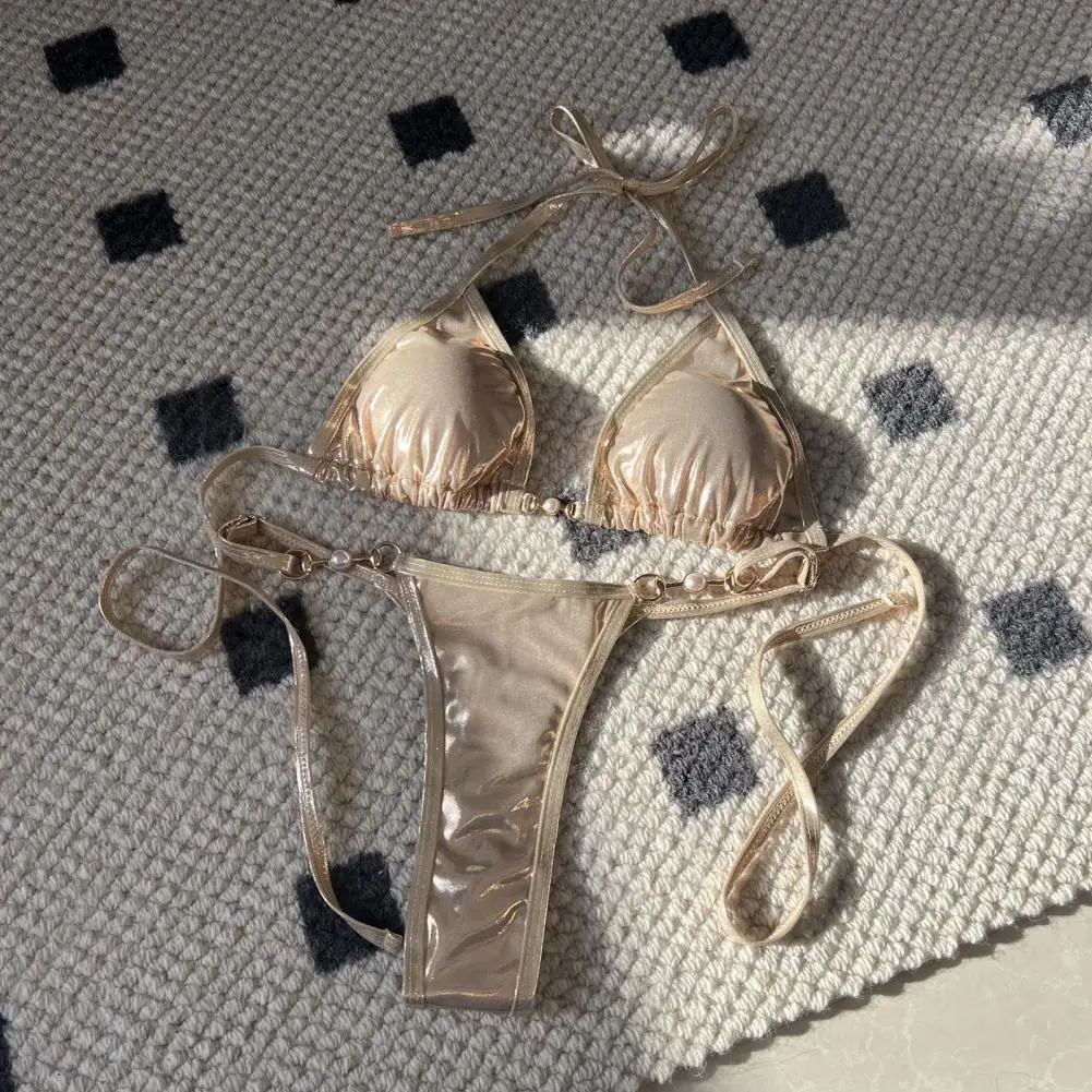 Nowy sztuczna skóra Halter Mini stringi Bikini damski strój kąpielowy kobiet stroje kąpielowe dwuczęściowy zestaw Bikini kąpiący się kostium kąpielowy