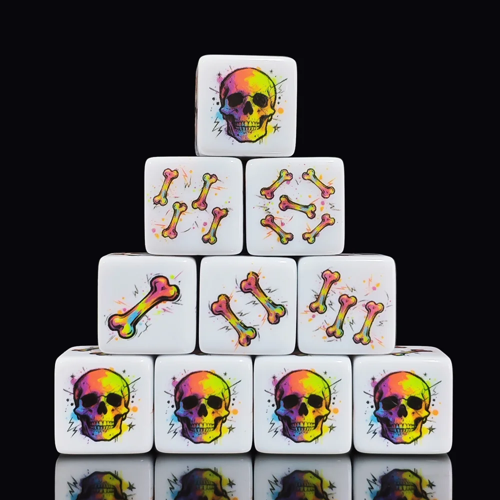 12Pcs 16MM Acrylic Printed D6 Dice Rainbow Skull Crossbones Pattern 6-Sided Square DND Dice Tabletop RPG Board Game Party Access