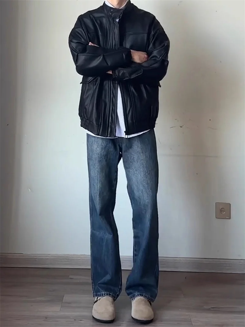 

Мужские джинсы в стиле ретро, свободного прямого кроя, с эффектом потертости, зимние, стильные, с эффектом стройности, длинные брюки, модные, со средней посадкой, на молнии, повседневные