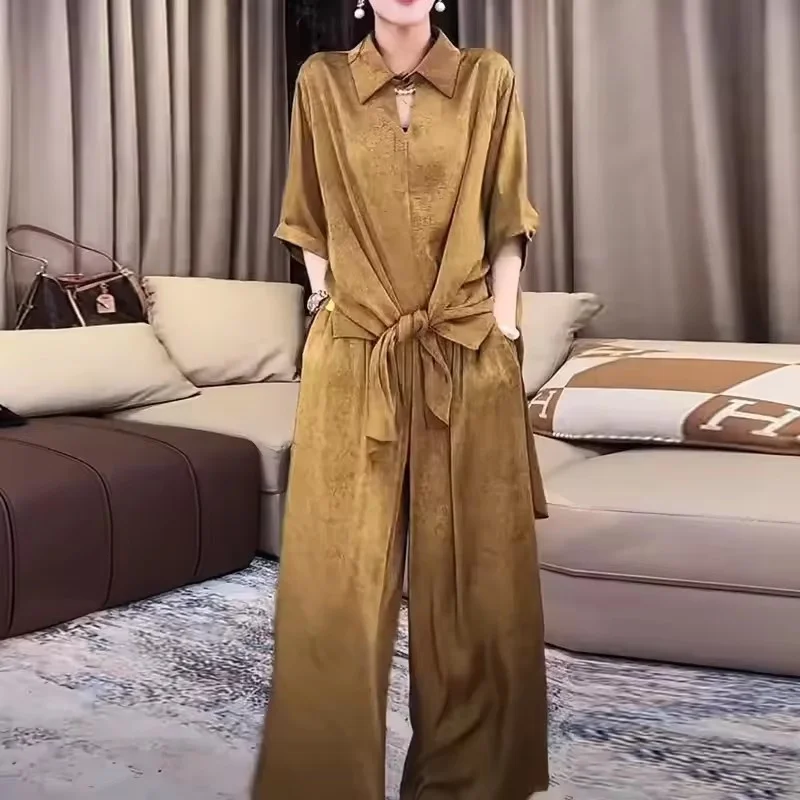 

2026 Summer Female short Sleeve High Waist Trousers Set Women Large Size 5XL Trousers Korean Ladies Fashion Wide Leg Pants 2PCS