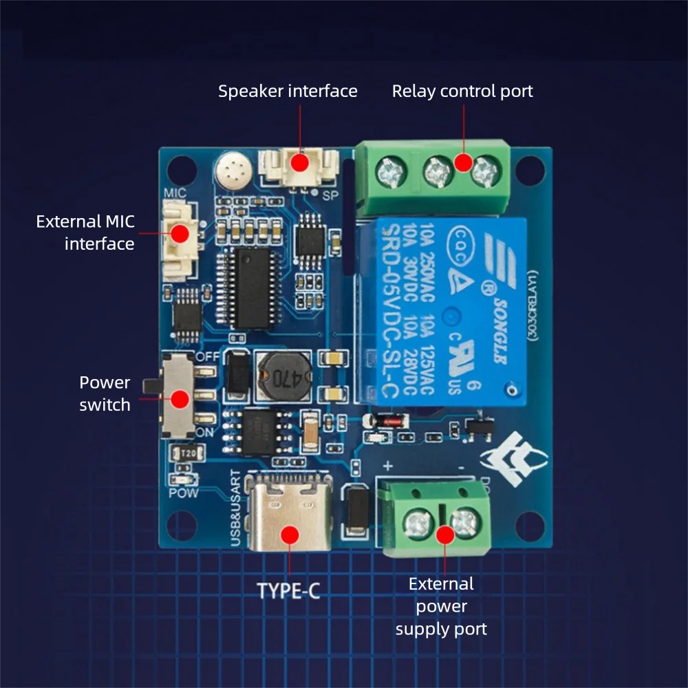 Single-channel AI Voice Relay Module Offline Voice Control Switch Intelligent Remote Control Secondary Development Board Relay