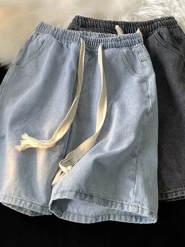 Men's Summer Thin Casual Straight Leg Jeans Shorts Trendy High Street Sport Loose Wide Leg Pants Teenager Drawstring Waist