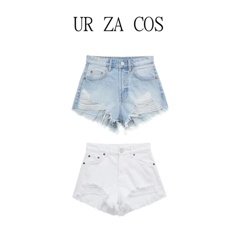 

Faionable High Waist Distred Denim orts Women's Summer Trendy Frayed Hem Straight Leg Jeans Light Color 25-29 Years Old