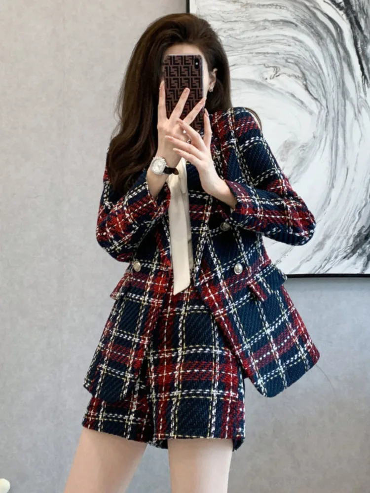 Tweed Jacket Short Pants Two Piece Set Women 2023 Spring Small Fragrance Double-breasted Coat Plaid Blazer And Shorts Tweed Suit